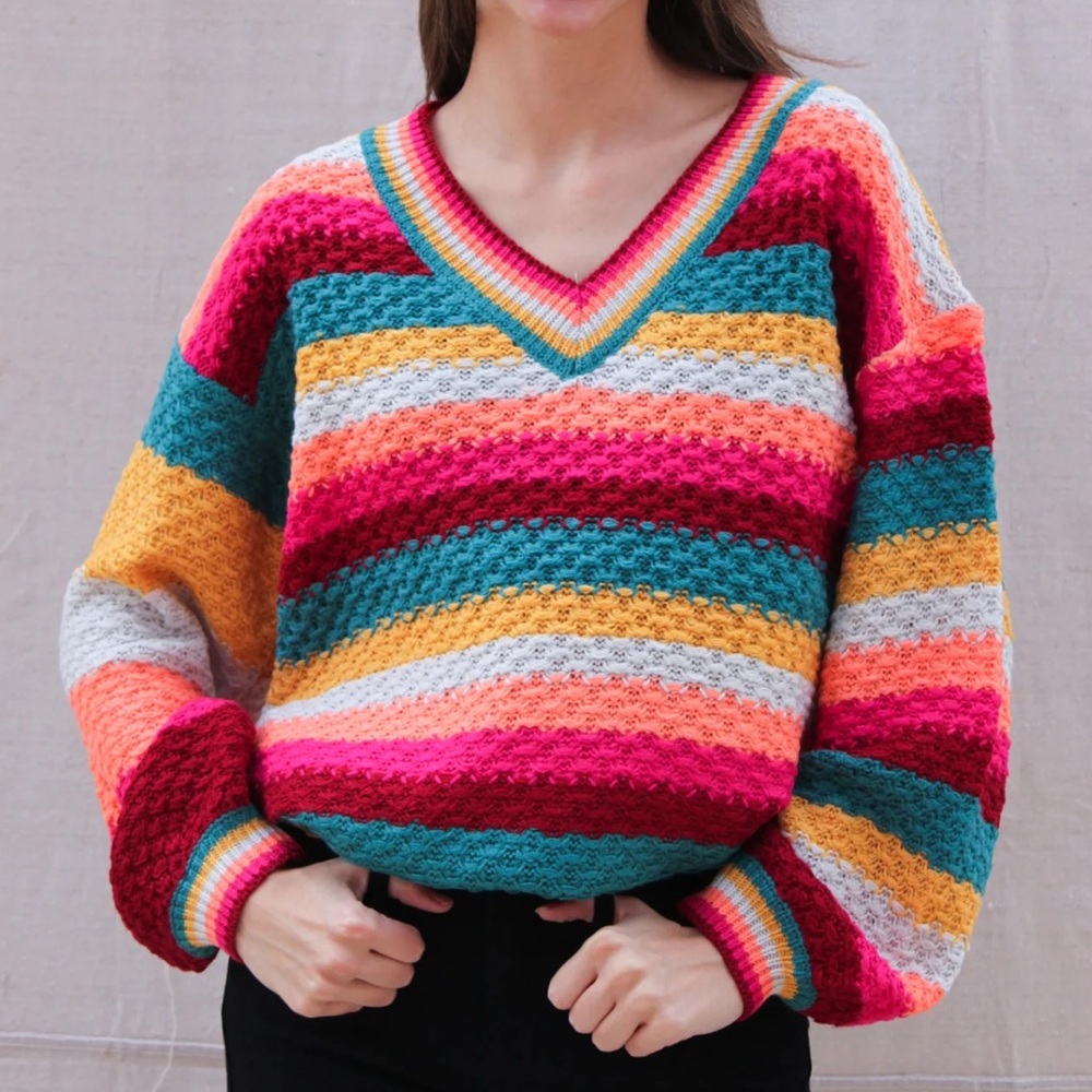 JODIFL On The Bright Side Sweater, colorblock stripes balloon sleeve V-neck